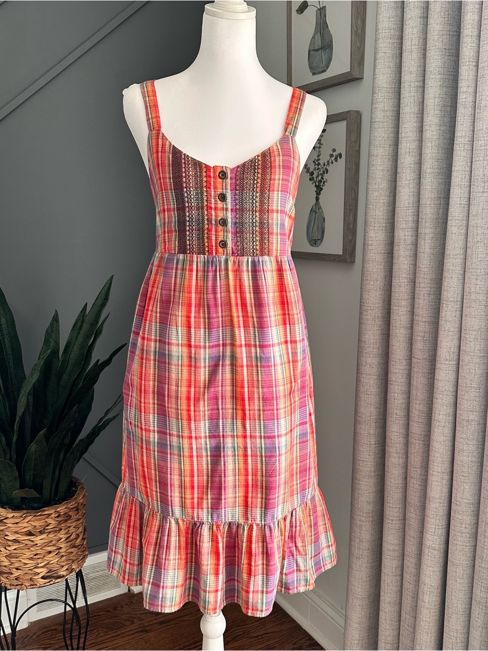 Old Navy Vintage Pink Orange Plaid Button-Front Sundress with Ruffle Hem